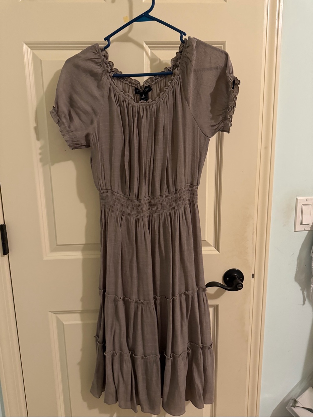 Vivid Aura Boho Tiered Short-Sleeve Midi Dress in Taupe
